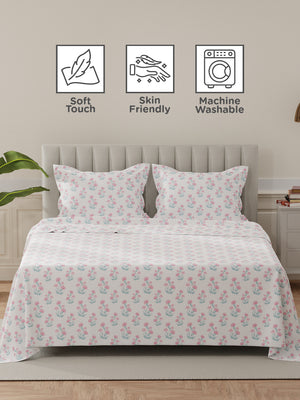 Lumina Floret 100% Cotton 144 TC Pink, Blue, White Floral King Bedsheet with 2 Pillow Covers