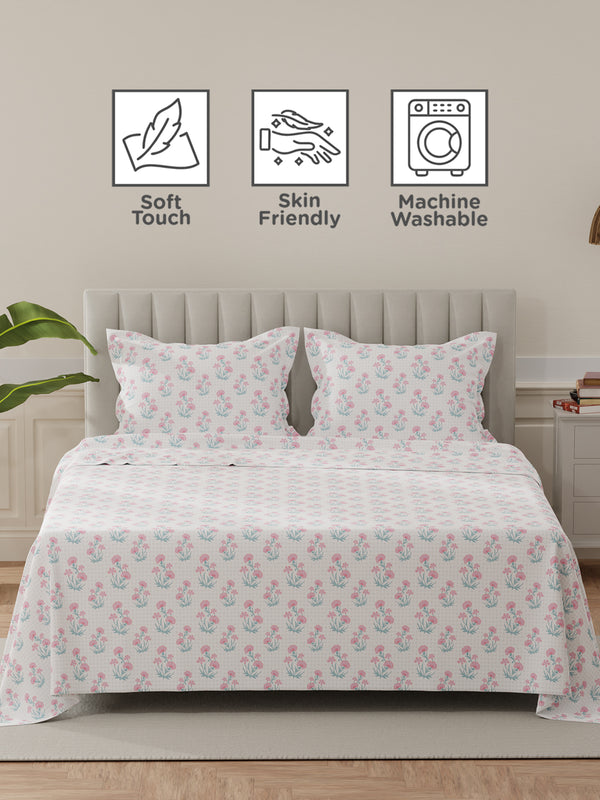 Lumina Floret 100% Cotton 144 TC Pink, Blue, White Floral King Bedsheet with 2 Pillow Covers