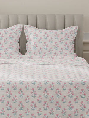 Lumina Floret 100% Cotton 144 TC Pink, Blue, White Floral King Bedsheet with 2 Pillow Covers