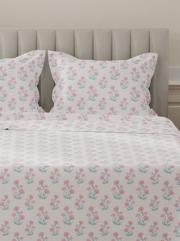Lumina Floret 100% Cotton 144 TC Pink, Blue, White Floral King Bedsheet with 2 Pillow Covers