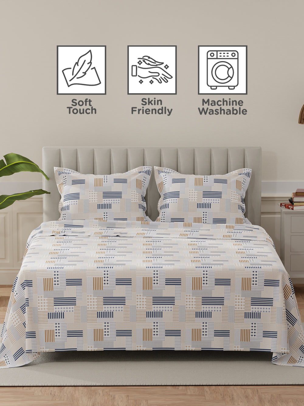 Lumina Floret 100% Cotton 144 TC Navy Blue & Brown Geometrical Print King Bedsheet with 2 Pillow Covers