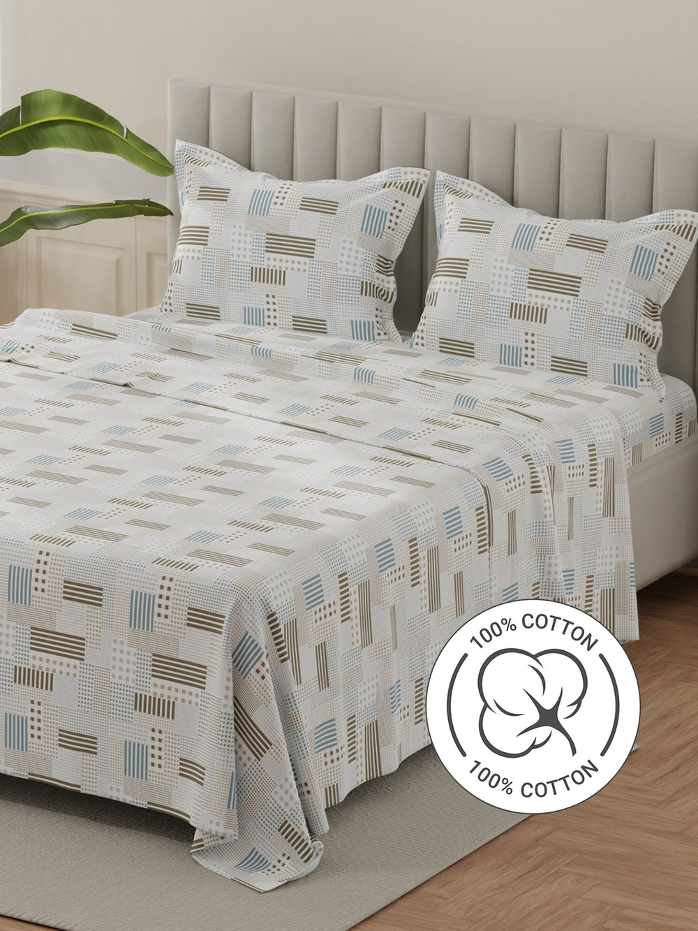 Lumina Floret 100% Cotton 144 TC Blue & Green Geometrical Print King Bedsheet with 2 Pillow Covers
