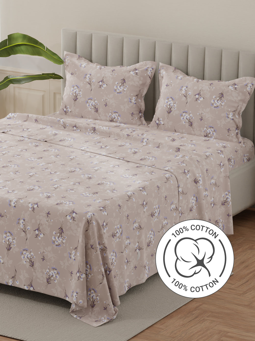 Lumina Floret 100% Cotton 144 TC Purple Floral King Bedsheet with 2 Pillow Covers