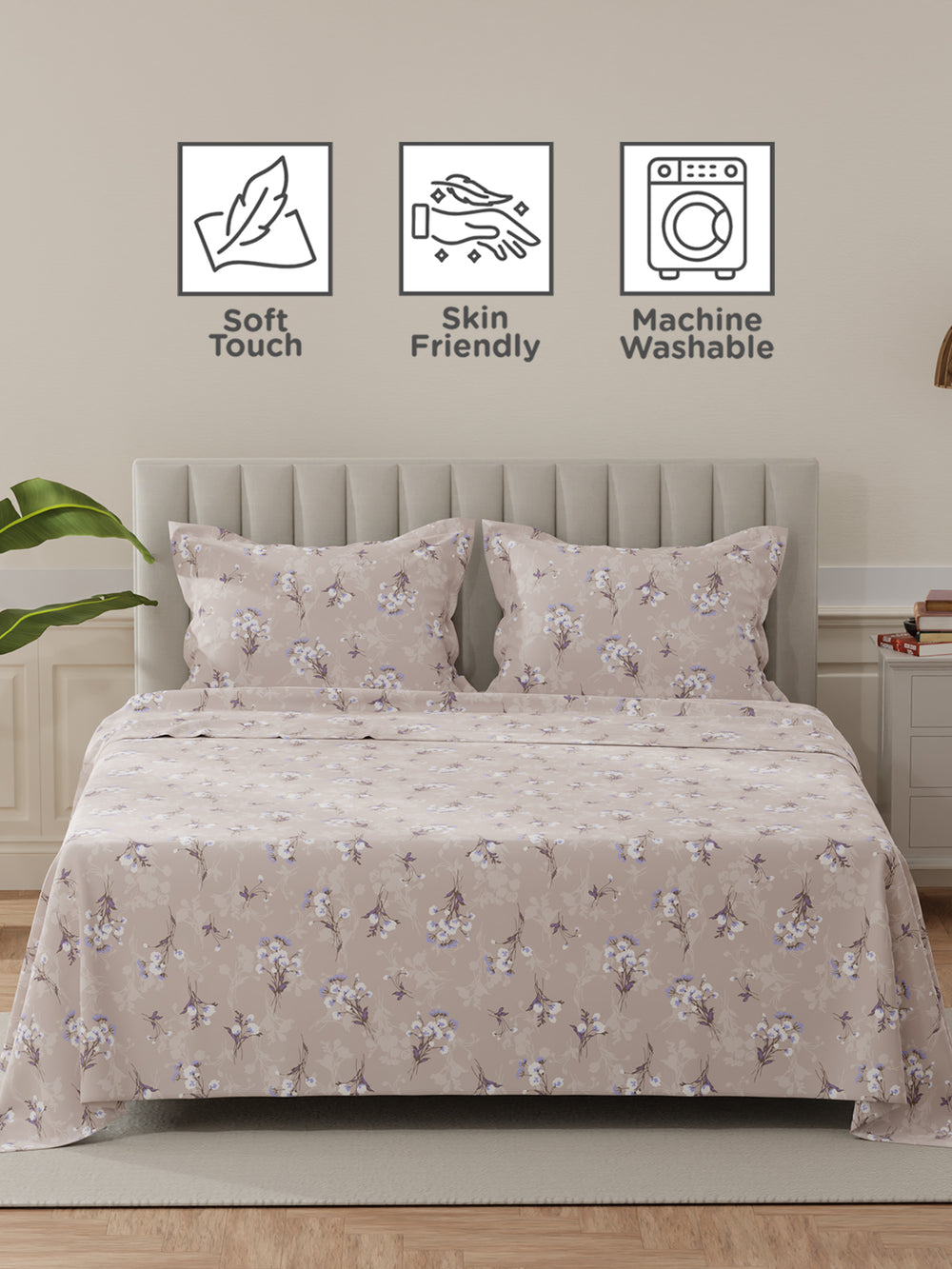 Lumina Floret 100% Cotton 144 TC Purple Floral King Bedsheet with 2 Pillow Covers
