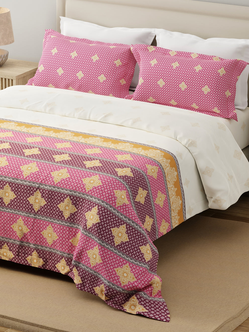 Forever 100% Cotton 120 TC Pink & White Ethnic Print King Bedsheet with 2 Pillow Covers
