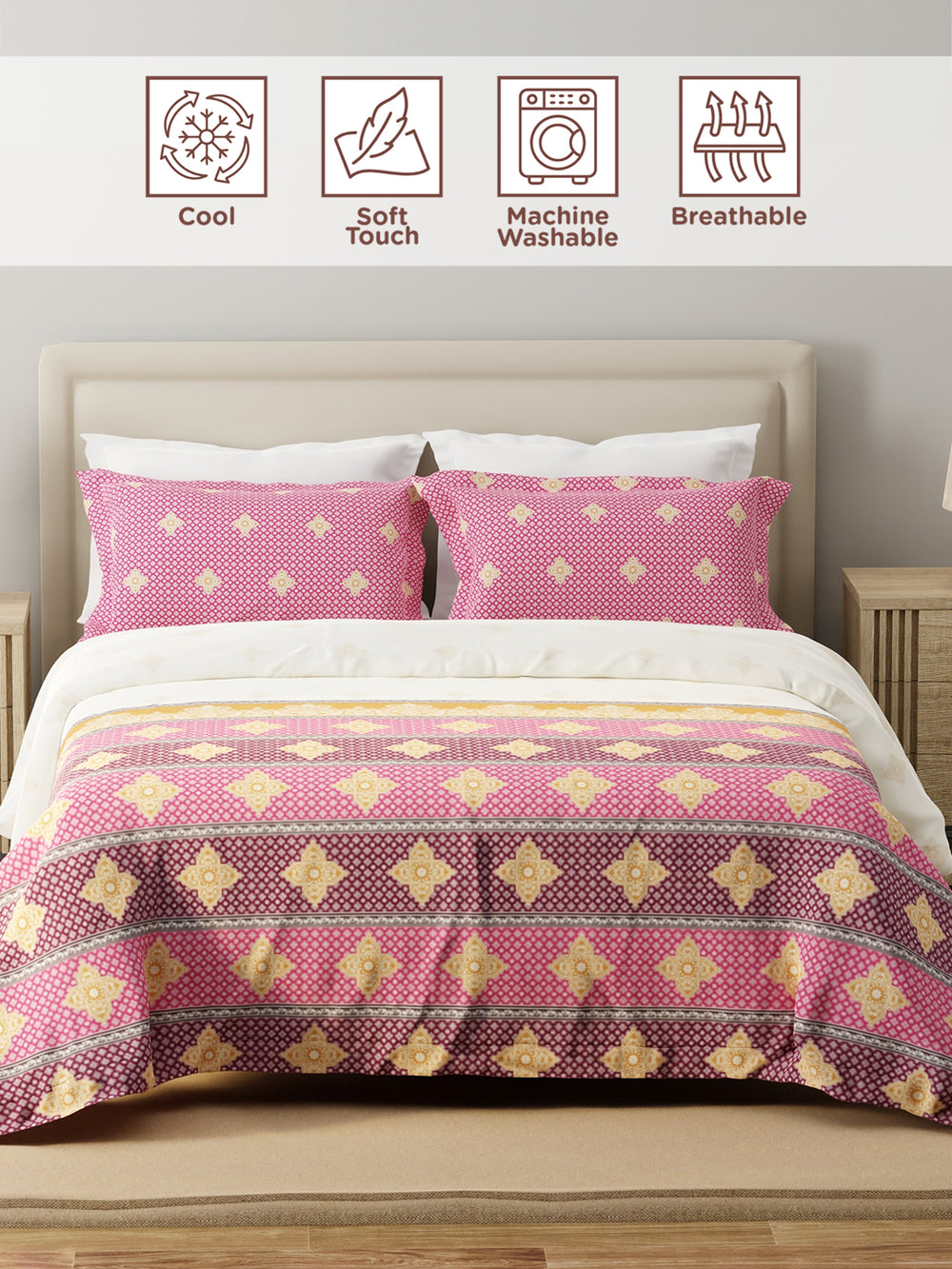 Forever 100% Cotton 120 TC Pink & White Ethnic Print King Bedsheet with 2 Pillow Covers
