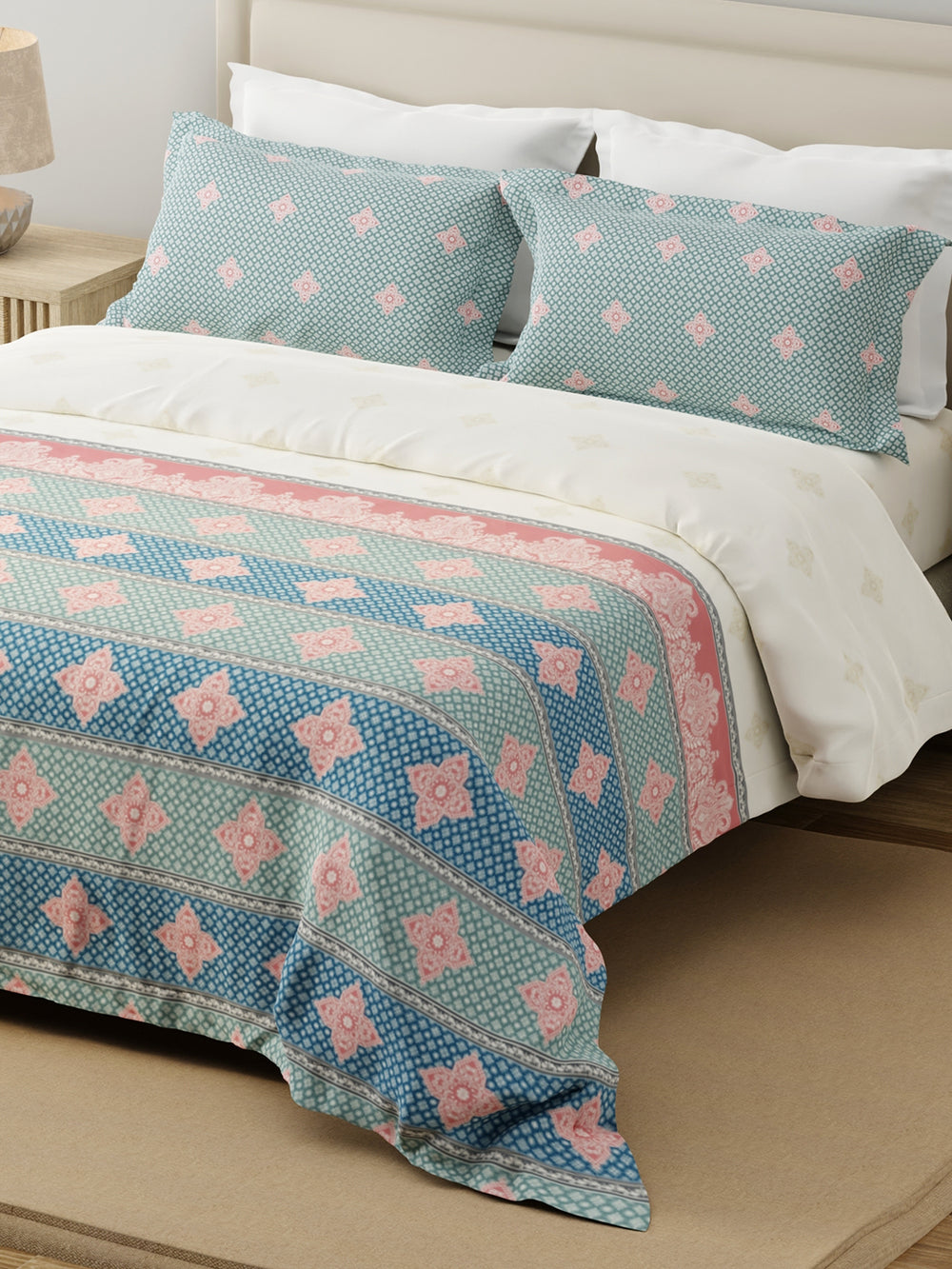 Forever 100% Cotton 120 TC Blue & White Ethnic Print King Bedsheet with 2 Pillow Covers