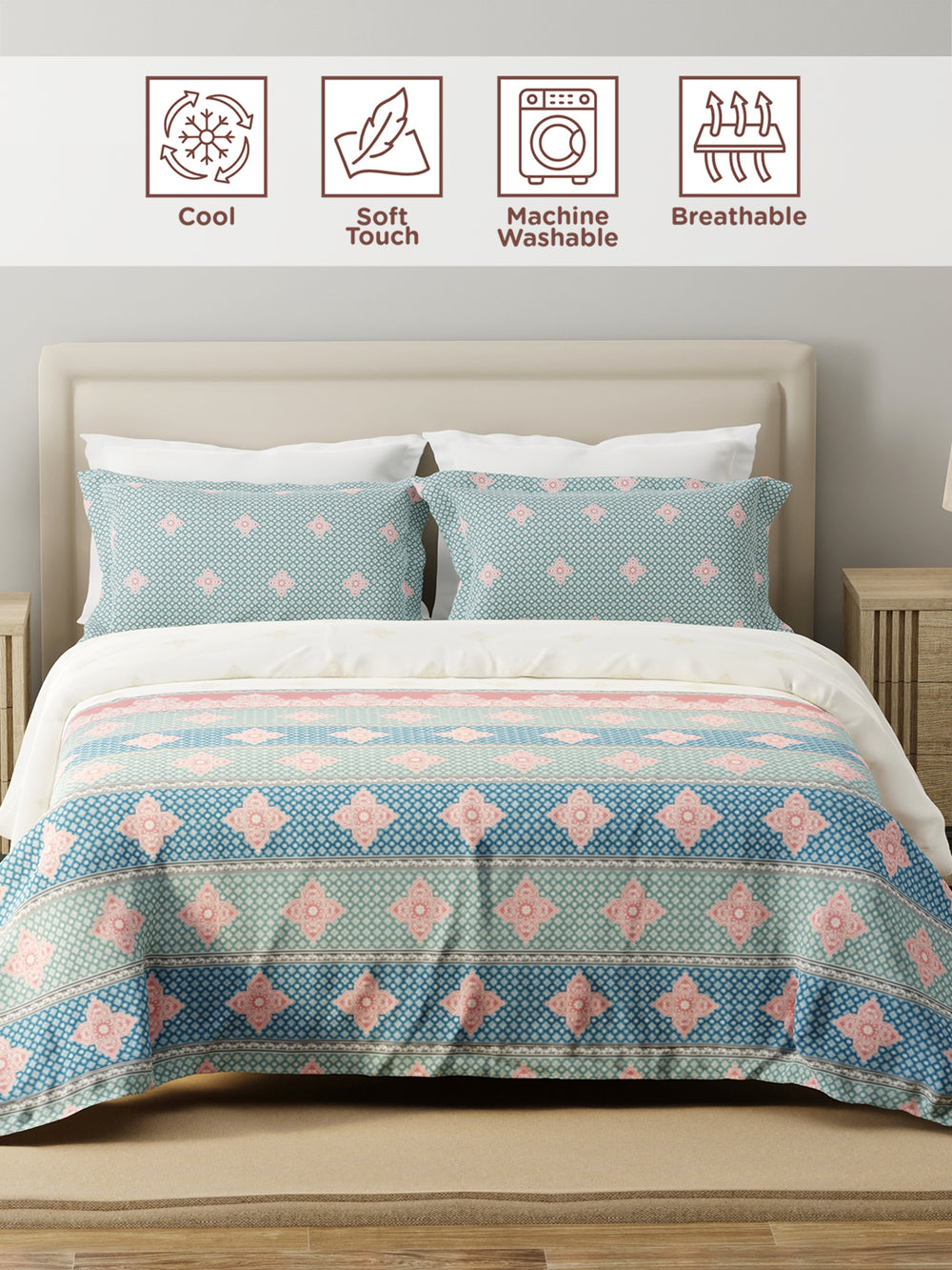 Forever 100% Cotton 120 TC Blue & White Ethnic Print King Bedsheet with 2 Pillow Covers