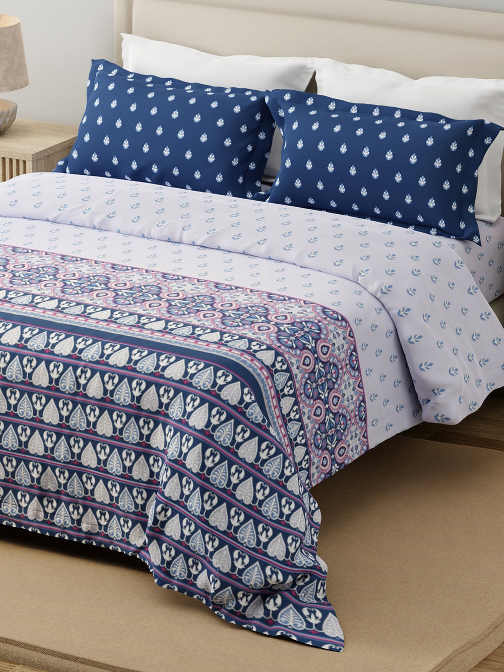 Forever 100% Cotton 120 TC White & Blue Ethnic Print King Bedsheet with 2 Pillow Covers