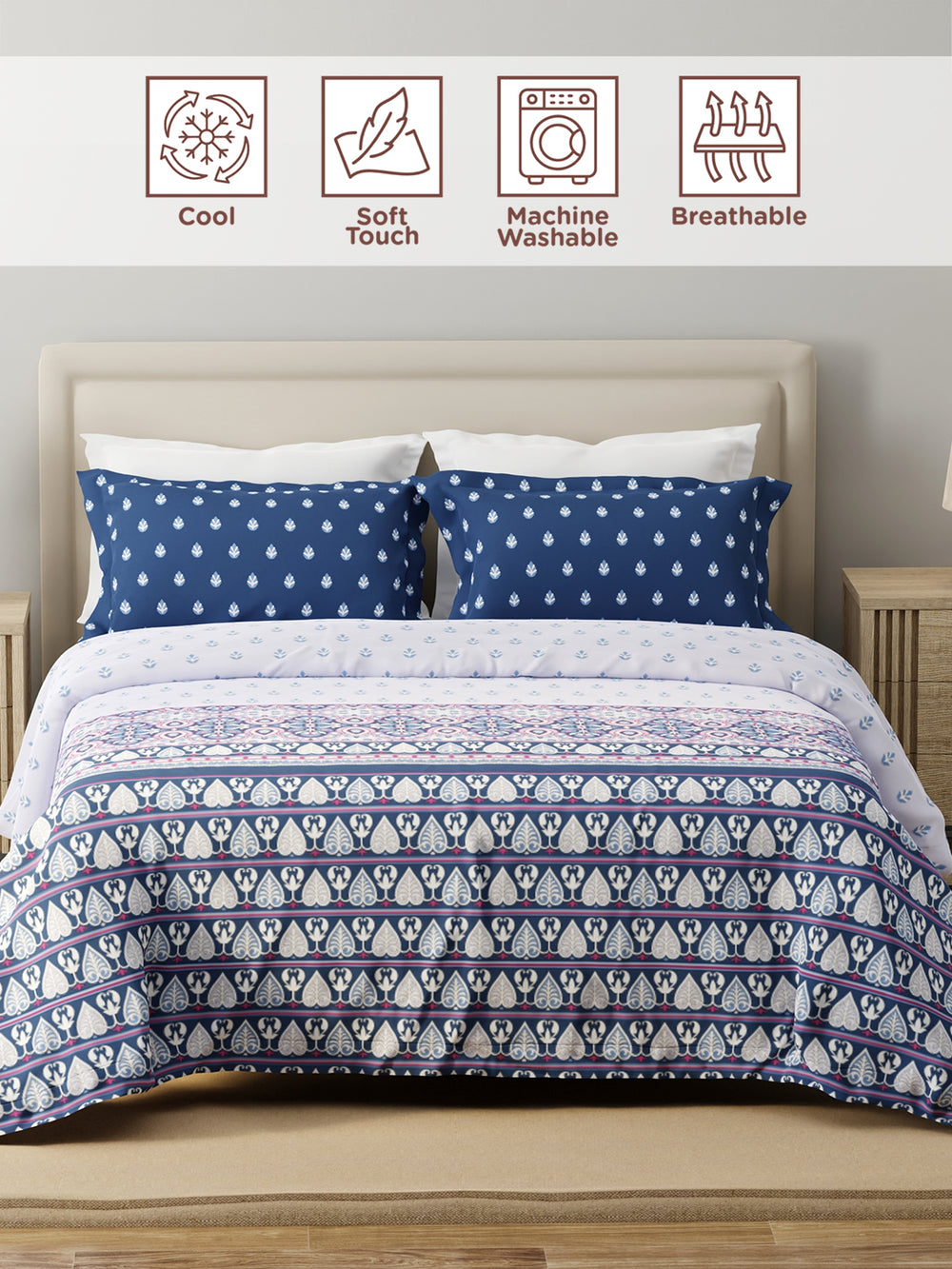 Forever 100% Cotton 120 TC White & Blue Ethnic Print King Bedsheet with 2 Pillow Covers