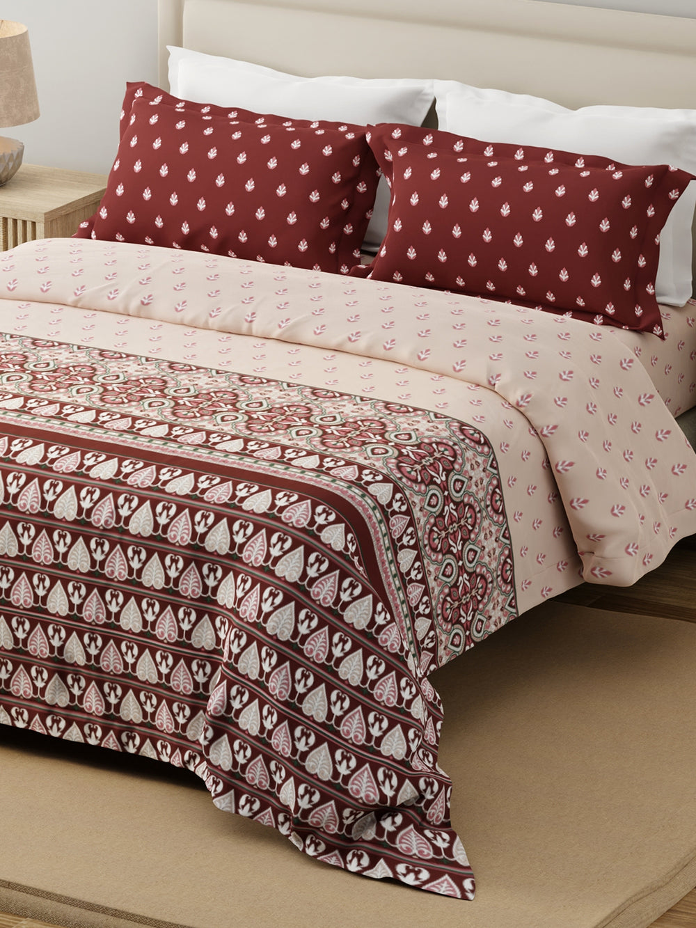 Forever 100% Cotton 120 TC Maroon & White Ethnic Print King Bedsheet with 2 Pillow Covers