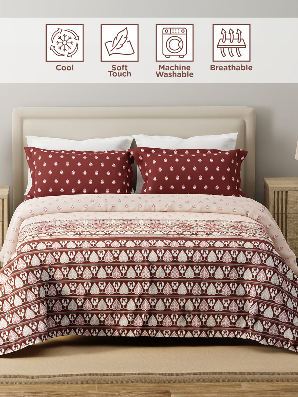 Forever 100% Cotton 120 TC Maroon & White Ethnic Print King Bedsheet with 2 Pillow Covers
