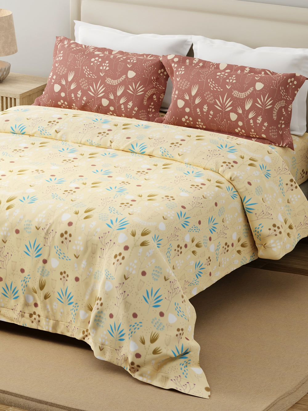 Forever 100% Cotton 120 TC Yellow & Brown Floral King Bedsheet with 2 Pillow Covers