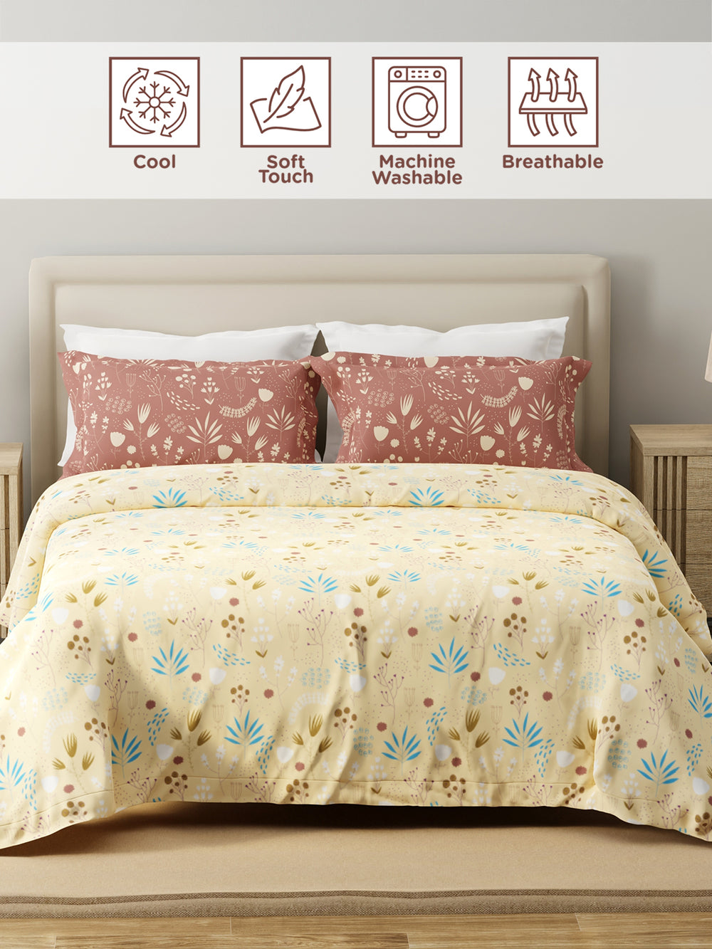 Forever 100% Cotton 120 TC Yellow & Brown Floral King Bedsheet with 2 Pillow Covers