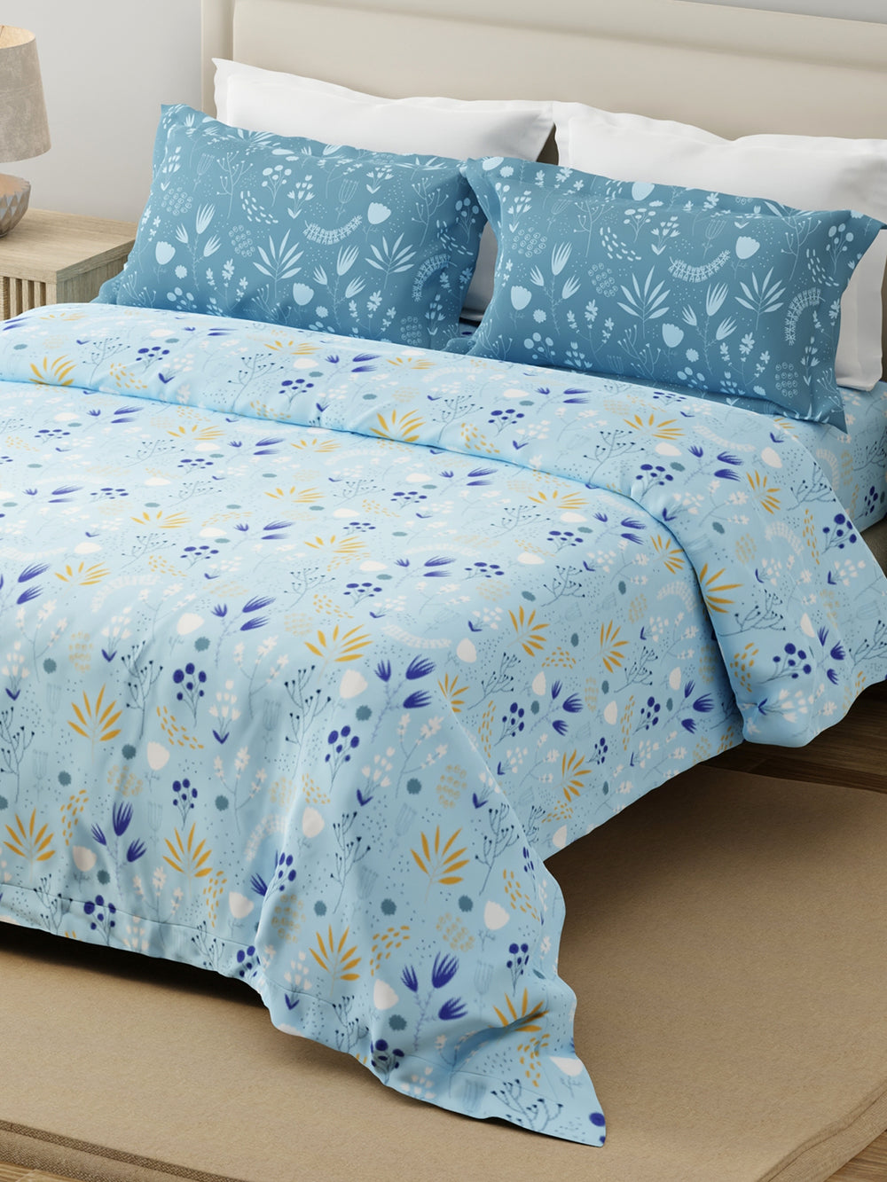 Forever 100% Cotton 120 TC Blue Floral King Bedsheet with 2 Pillow Covers