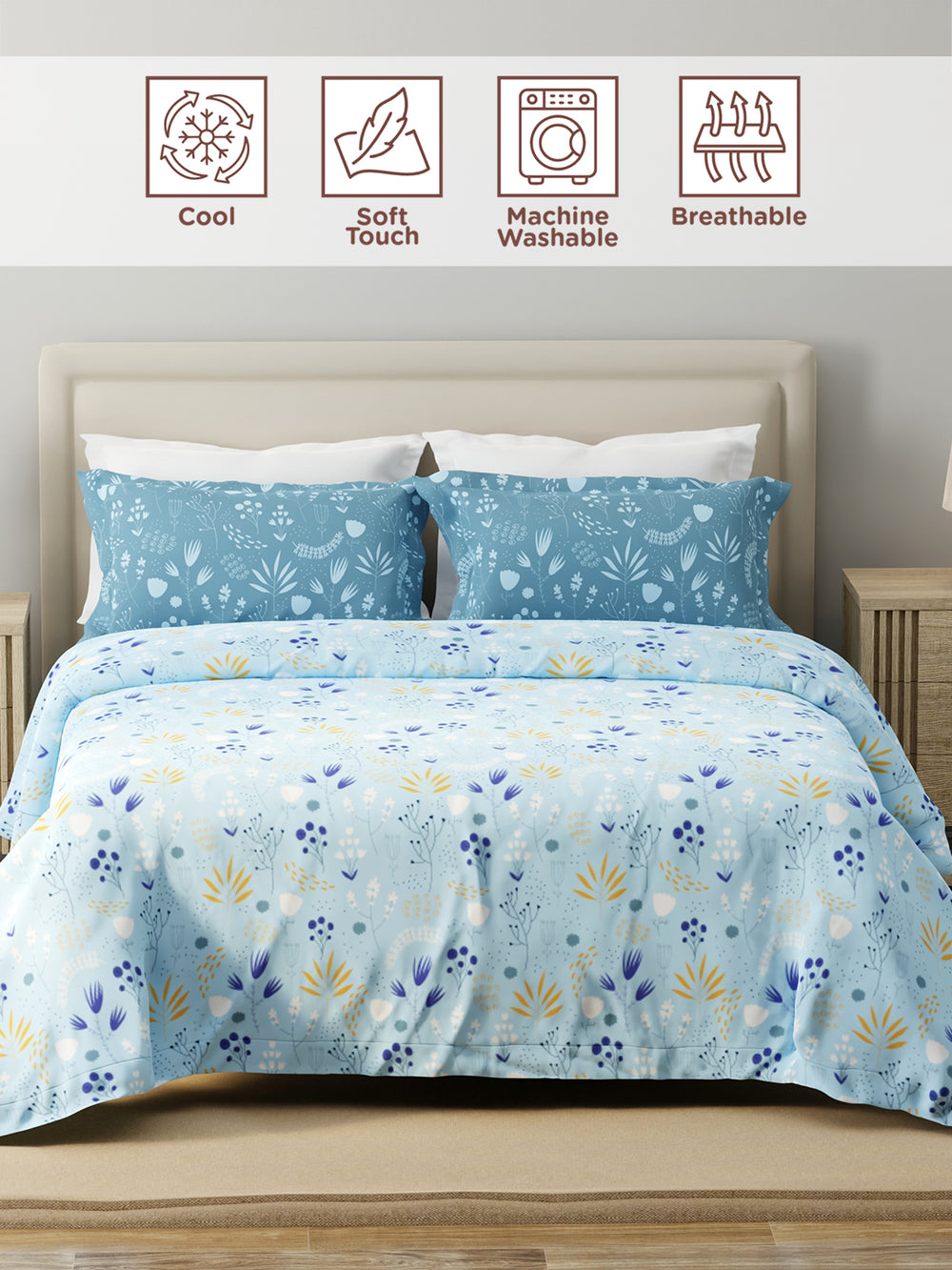 Forever 100% Cotton 120 TC Blue Floral King Bedsheet with 2 Pillow Covers
