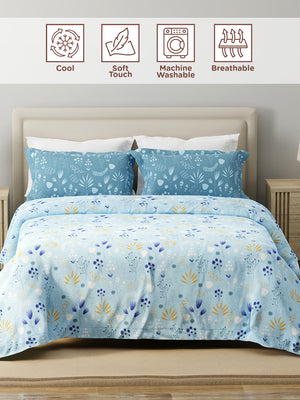 Forever 100% Cotton 120 TC Blue Floral King Bedsheet with 2 Pillow Covers