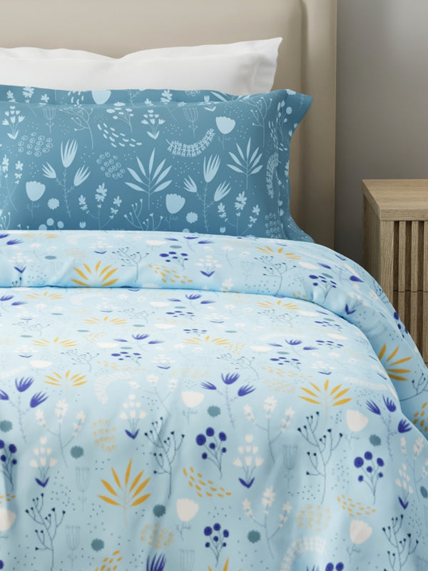 Forever 100% Cotton 120 TC Blue Floral King Bedsheet with 2 Pillow Covers