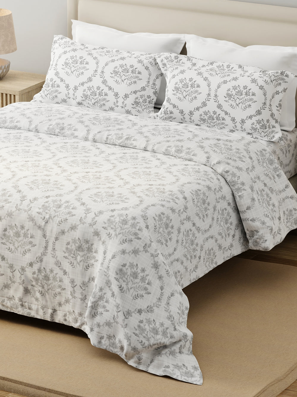 Forever 100% Cotton 120 TC Grey Floral King Bedsheet with 2 Pillow Covers