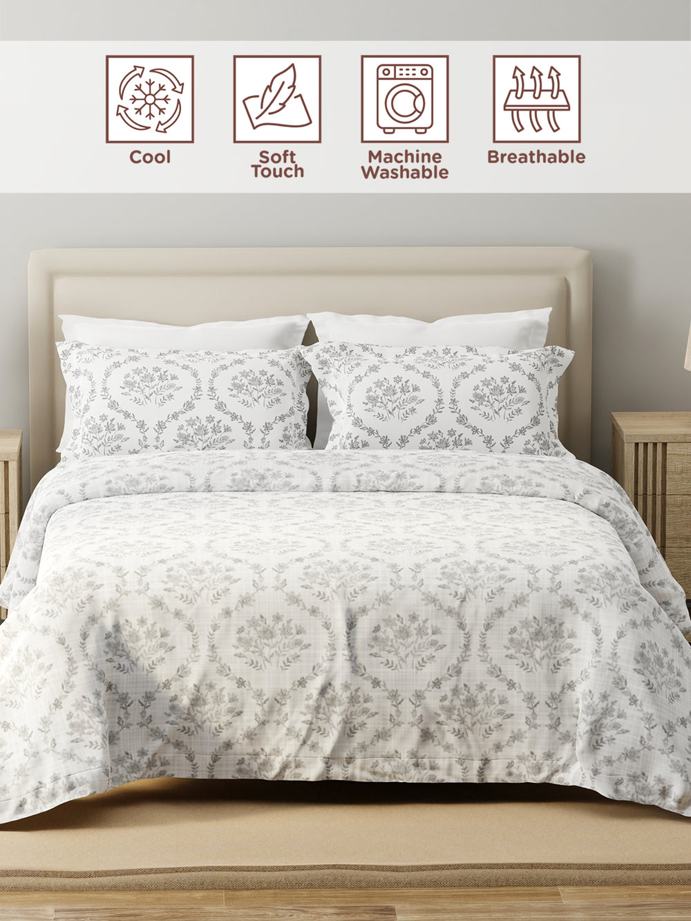 Forever 100% Cotton 120 TC Grey Floral King Bedsheet with 2 Pillow Covers