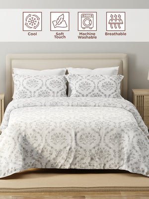 Forever 100% Cotton 120 TC Grey Floral King Bedsheet with 2 Pillow Covers