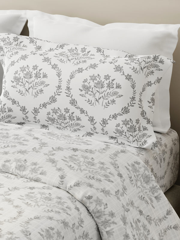 Forever 100% Cotton 120 TC Grey Floral King Bedsheet with 2 Pillow Covers