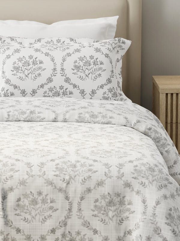 Forever 100% Cotton 120 TC Grey Floral King Bedsheet with 2 Pillow Covers