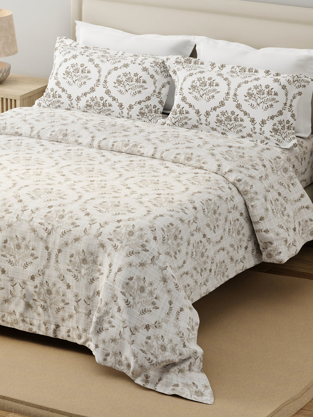Forever 100% Cotton 120 TC Beige Floral King Bedsheet with 2 Pillow Covers