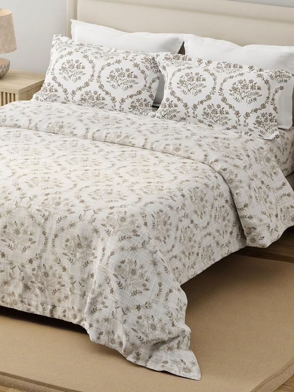 Forever 100% Cotton 120 TC Beige Floral King Bedsheet with 2 Pillow Covers