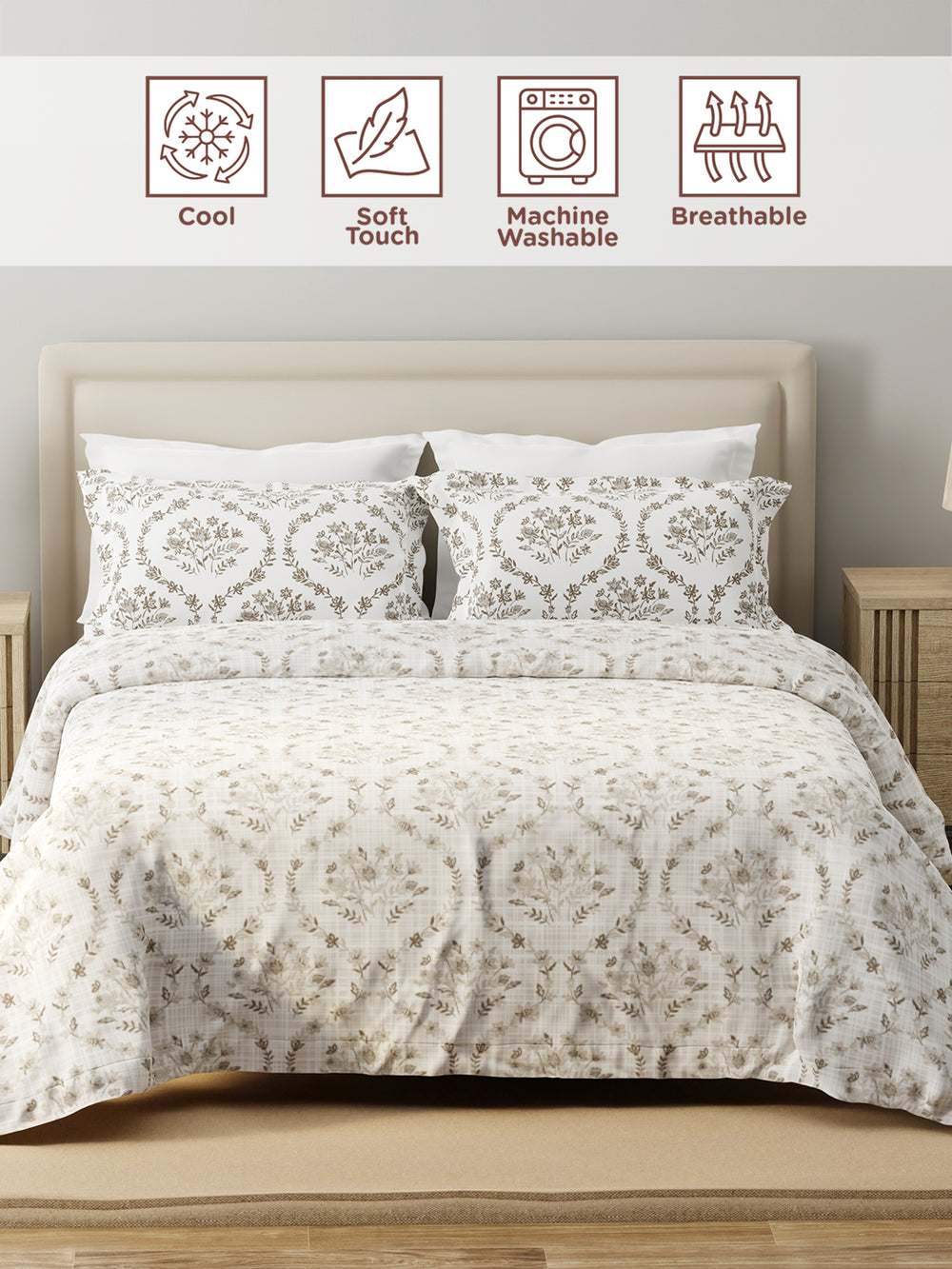 Forever 100% Cotton 120 TC Beige Floral King Bedsheet with 2 Pillow Covers