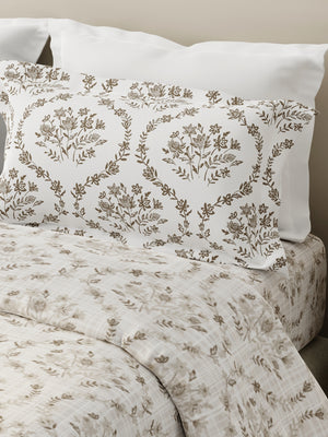 Forever 100% Cotton 120 TC Beige Floral King Bedsheet with 2 Pillow Covers