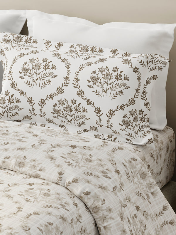 Forever 100% Cotton 120 TC Beige Floral King Bedsheet with 2 Pillow Covers