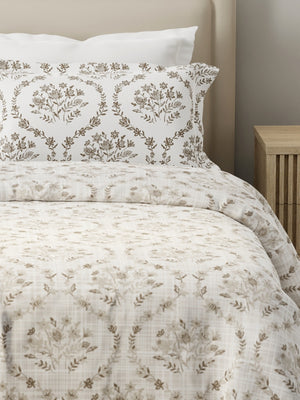 Forever 100% Cotton 120 TC Beige Floral King Bedsheet with 2 Pillow Covers