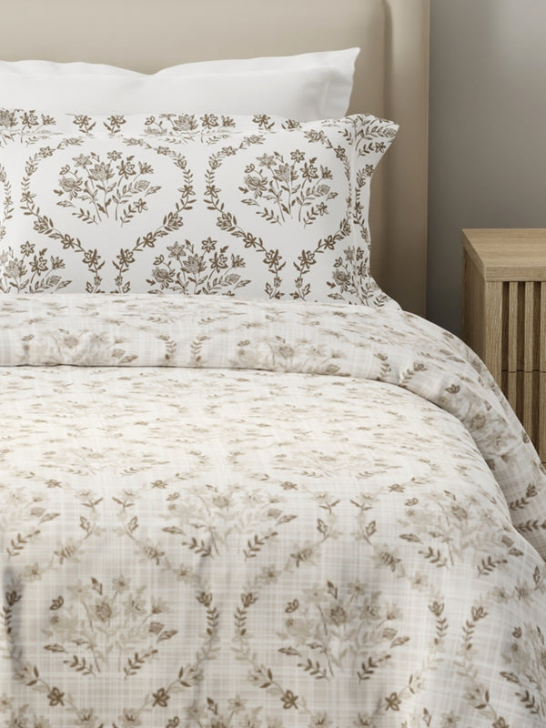 Forever 100% Cotton 120 TC Beige Floral King Bedsheet with 2 Pillow Covers
