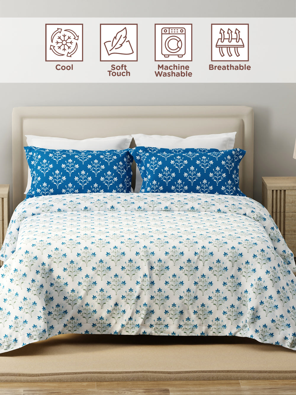 Forever 100% Cotton 120 TC Blue & White Floral King Bedsheet with 2 Pillow Covers