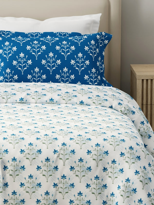 Forever 100% Cotton 120 TC Blue & White Floral King Bedsheet with 2 Pillow Covers