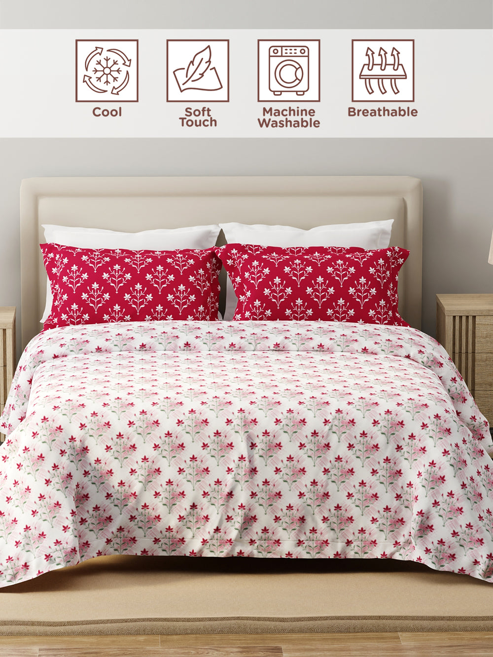 Forever 100% Cotton 120 TC Pink & White Floral King Bedsheet with 2 Pillow Covers
