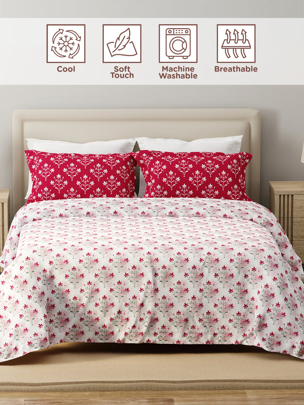 Forever 100% Cotton 120 TC Pink & White Floral King Bedsheet with 2 Pillow Covers