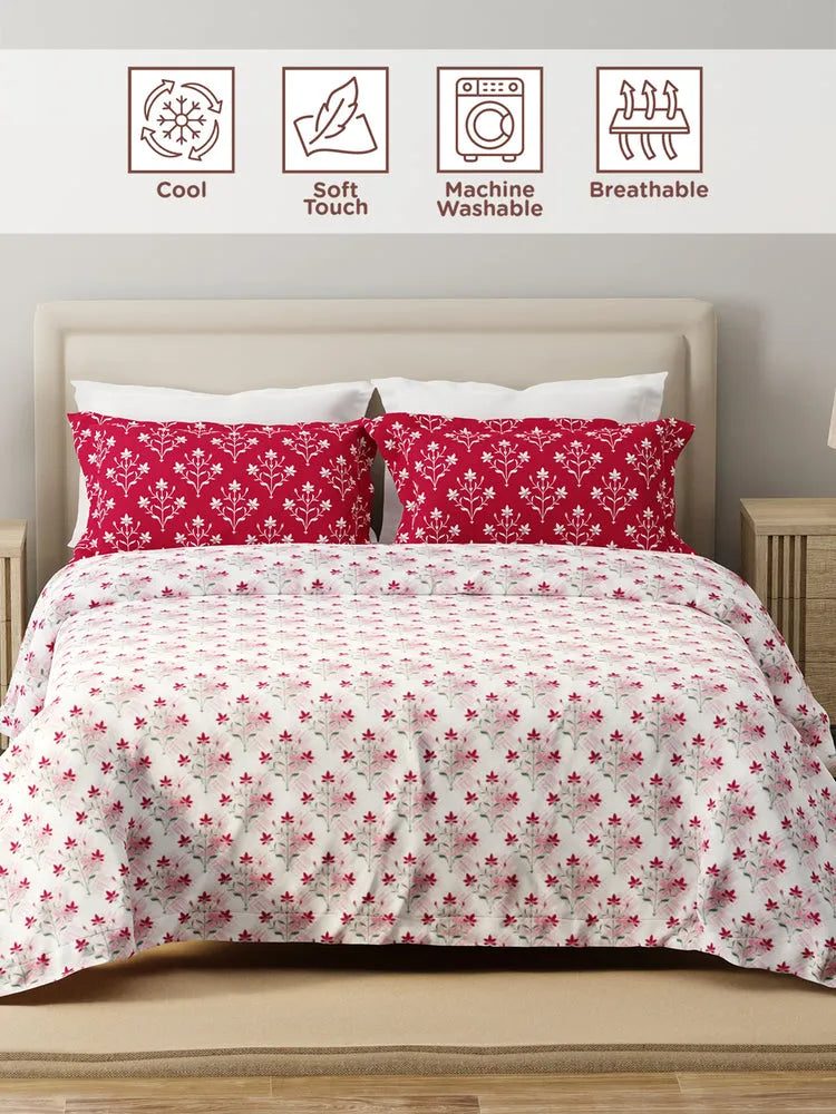 Forever 100% Cotton 120 TC Pink & White Floral King Bedsheet with 2 Pillow Covers