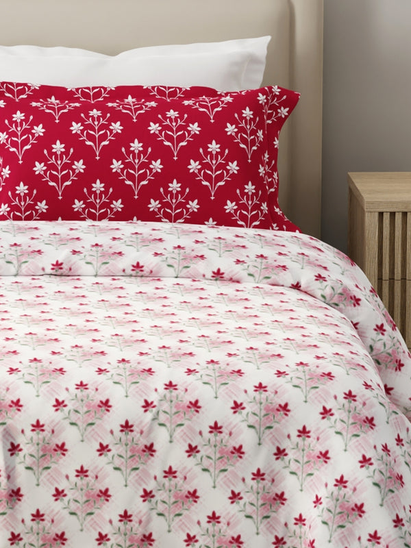 Forever 100% Cotton 120 TC Pink & White Floral King Bedsheet with 2 Pillow Covers