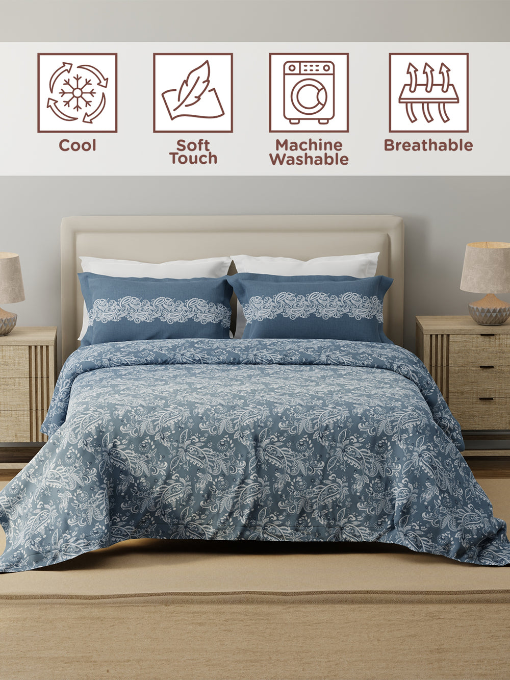 Forever 100% Cotton 120 TC Grey Ethnic Print Double Bedsheet with 2 Pillow Covers