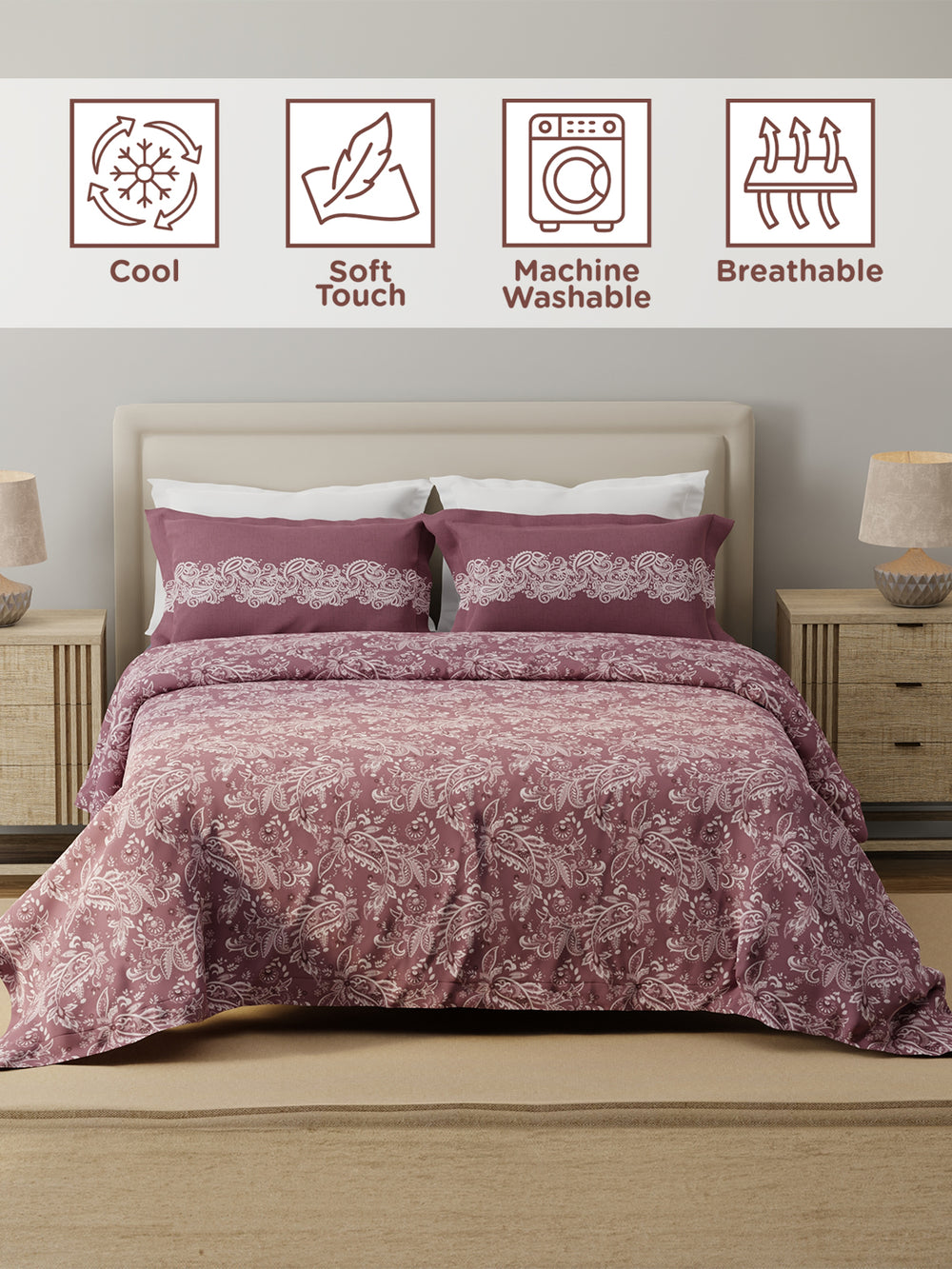 Forever 100% Cotton 120 TC Brown Ethnic Print Double Bedsheet with 2 Pillow Covers