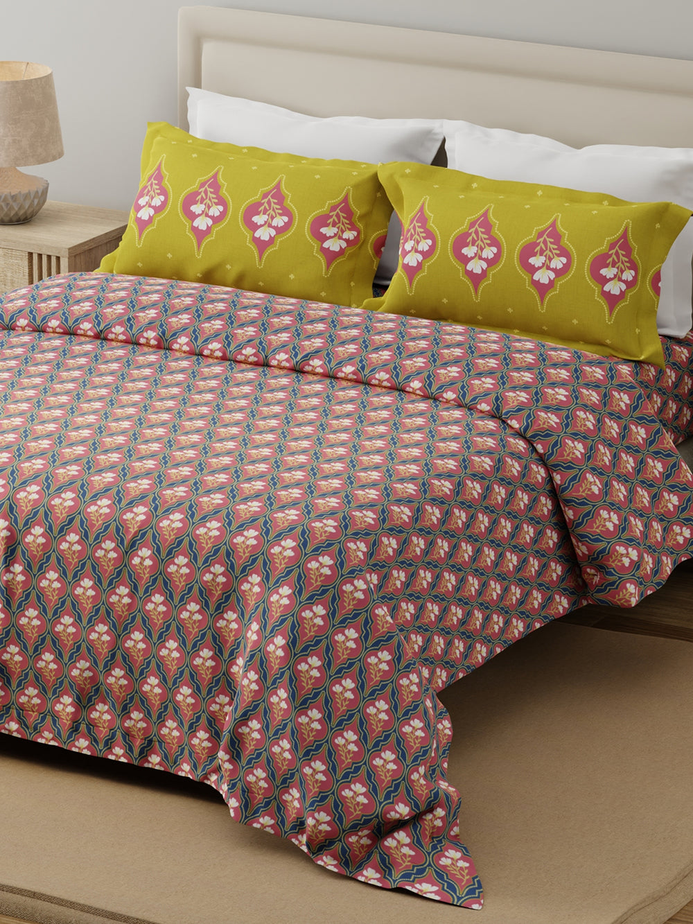 Forever 100% Cotton 120 TC Pink & Blue Floral Double Bedsheet with 2 Pillow Covers