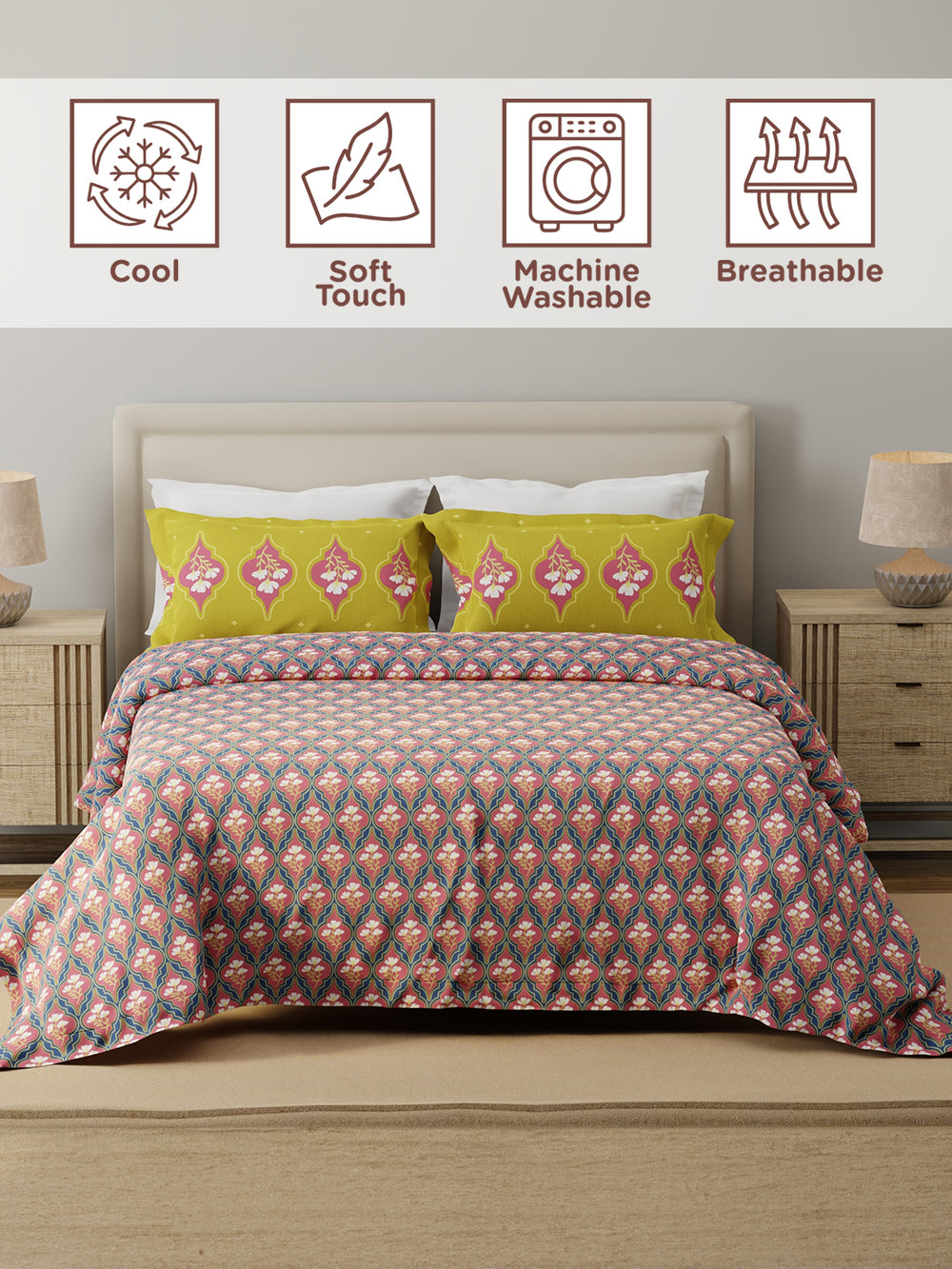 Forever 100% Cotton 120 TC Pink & Blue Floral Double Bedsheet with 2 Pillow Covers
