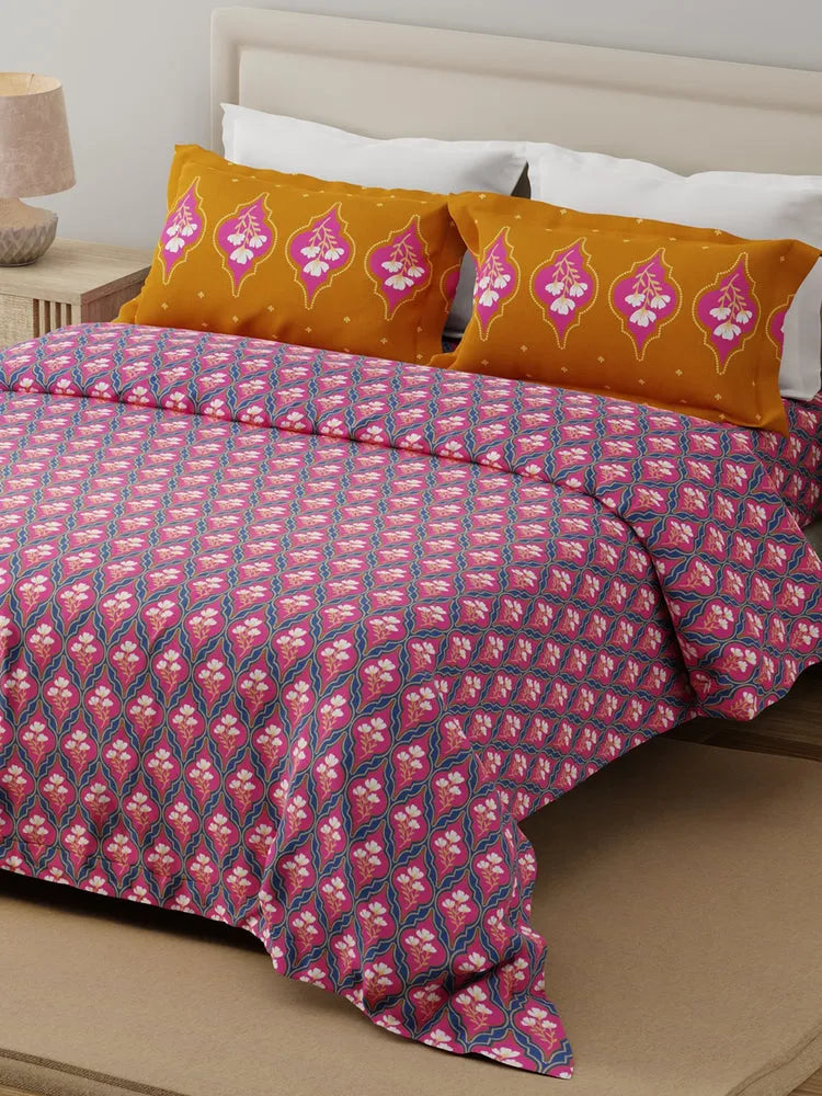 Forever 100% Cotton 120 TC Blue & Pink Floral Double Bedsheet with 2 Pillow Covers
