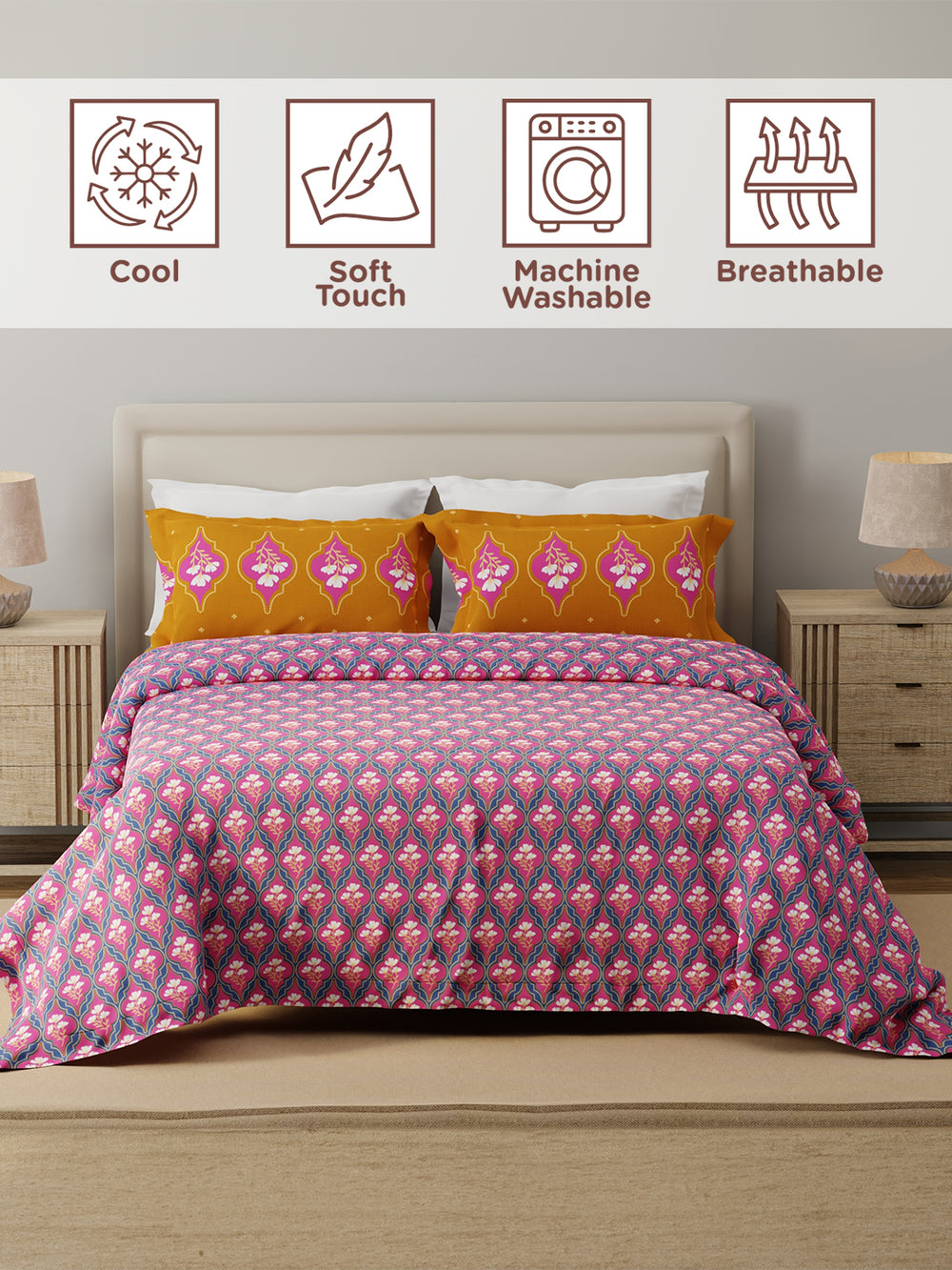 Forever 100% Cotton 120 TC Blue & Pink Floral Double Bedsheet with 2 Pillow Covers