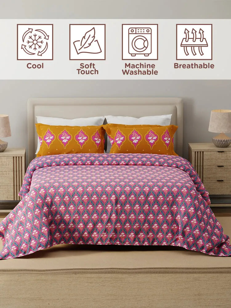 Forever 100% Cotton 120 TC Blue & Pink Floral Double Bedsheet with 2 Pillow Covers
