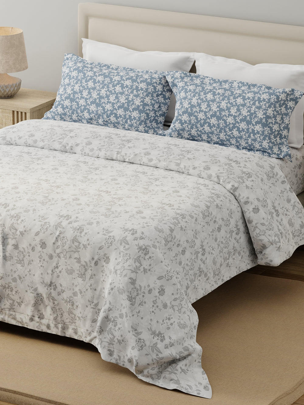 Forever 100% Cotton 120 TC Grey Floral Double Bedsheet with 2 Pillow Covers