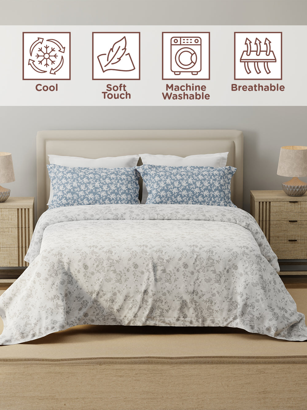 Forever 100% Cotton 120 TC Grey Floral Double Bedsheet with 2 Pillow Covers