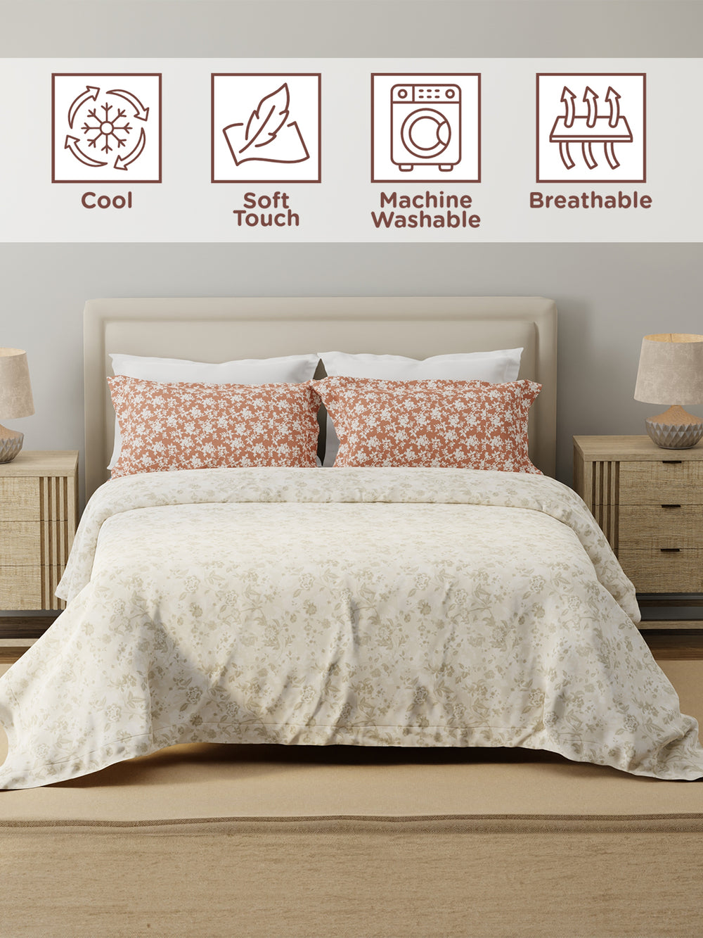 Forever 100% Cotton 120 TC Grey & Brown Floral Double Bedsheet with 2 Pillow Covers